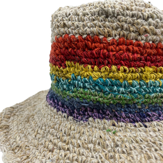 de festival boho de cáñamo y Sombrero  algodón tejido a mano - Arco iris