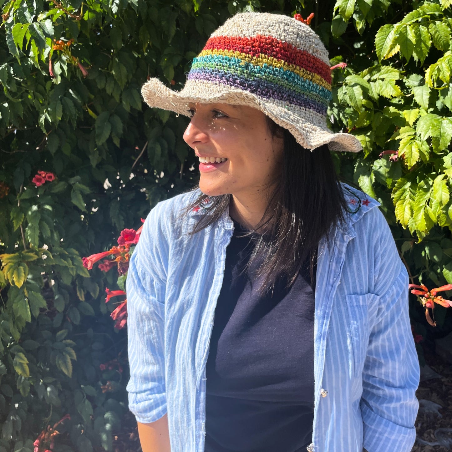 de festival boho de cáñamo y Sombrero  algodón tejido a mano - Arco iris